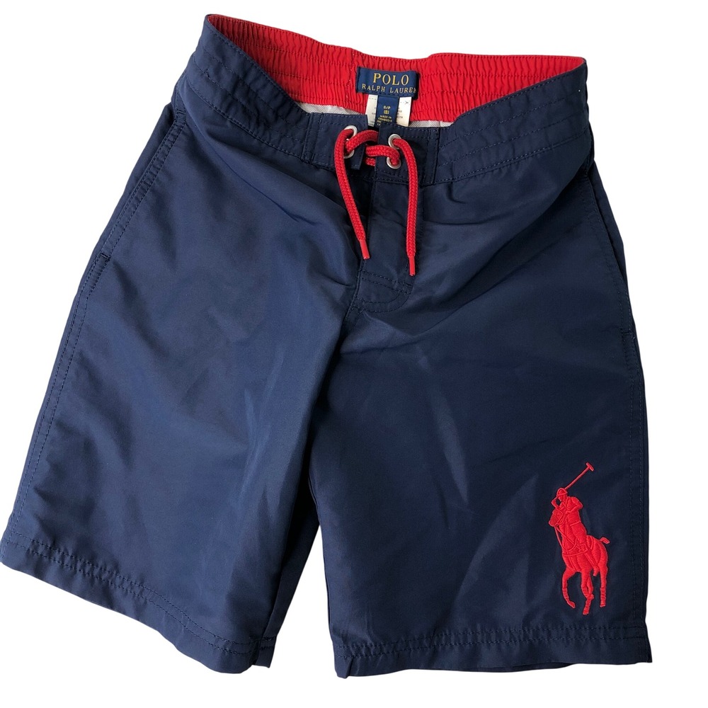 Polo Ralph Lauren Swim Trunks Boys Size 8 Big Pony Navy Blue Red Shorts July 4th